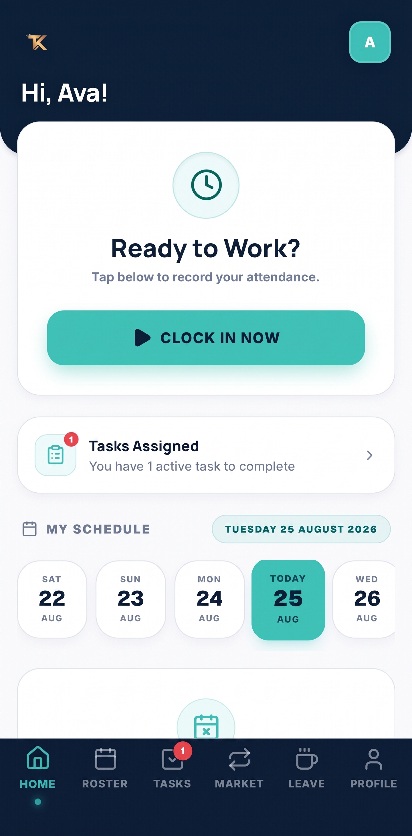 Actual TabKey employee clock-in screen